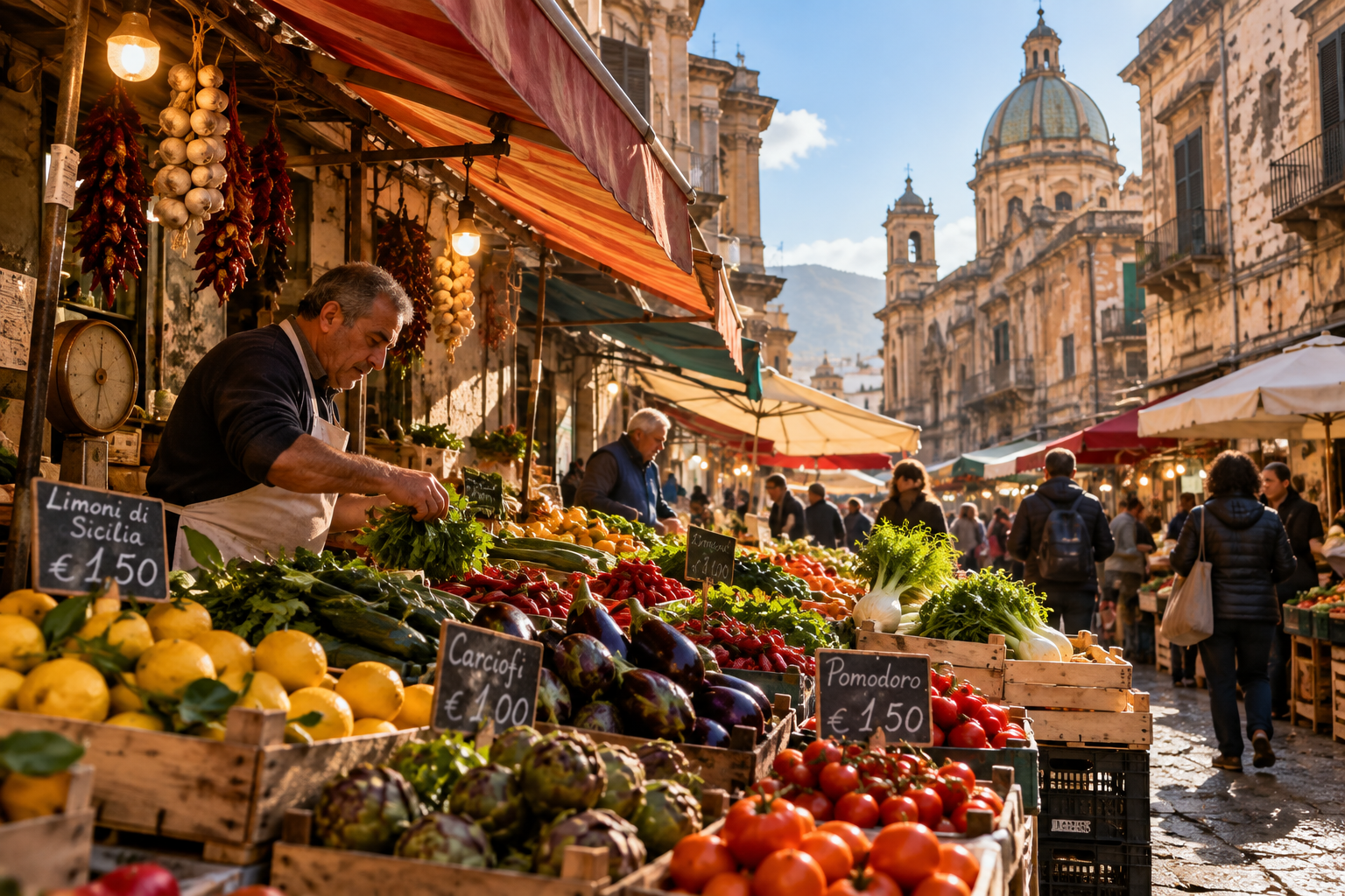 Produce vendor at a traditional street market in Palermo, Sicily