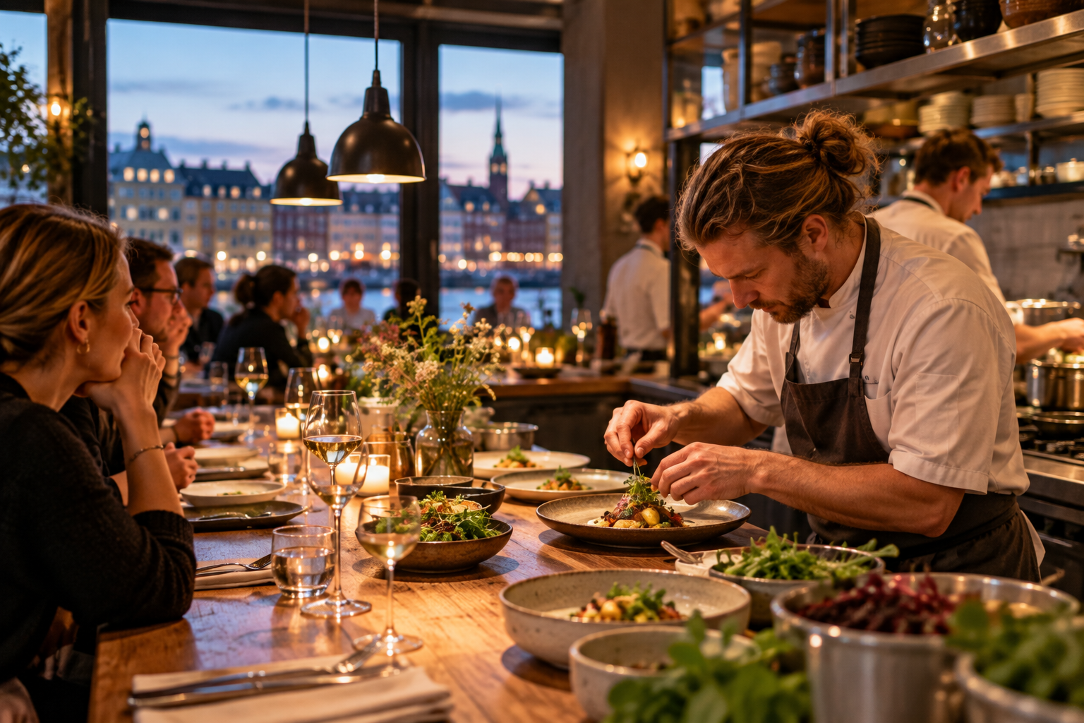 A chef plating a dish in an open kitchen as guests dine in a contemporary Copenhagen restaurant.