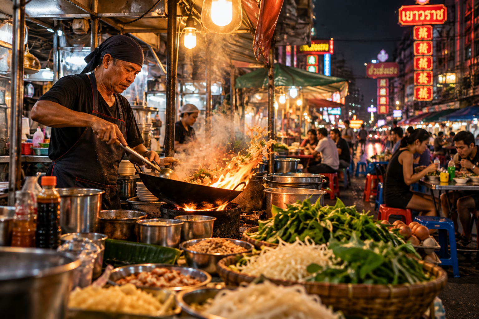 A street-food cook preparing food in a flaming wok at a busy night market in Bangkok, surrounded by diners and fresh ingredients.