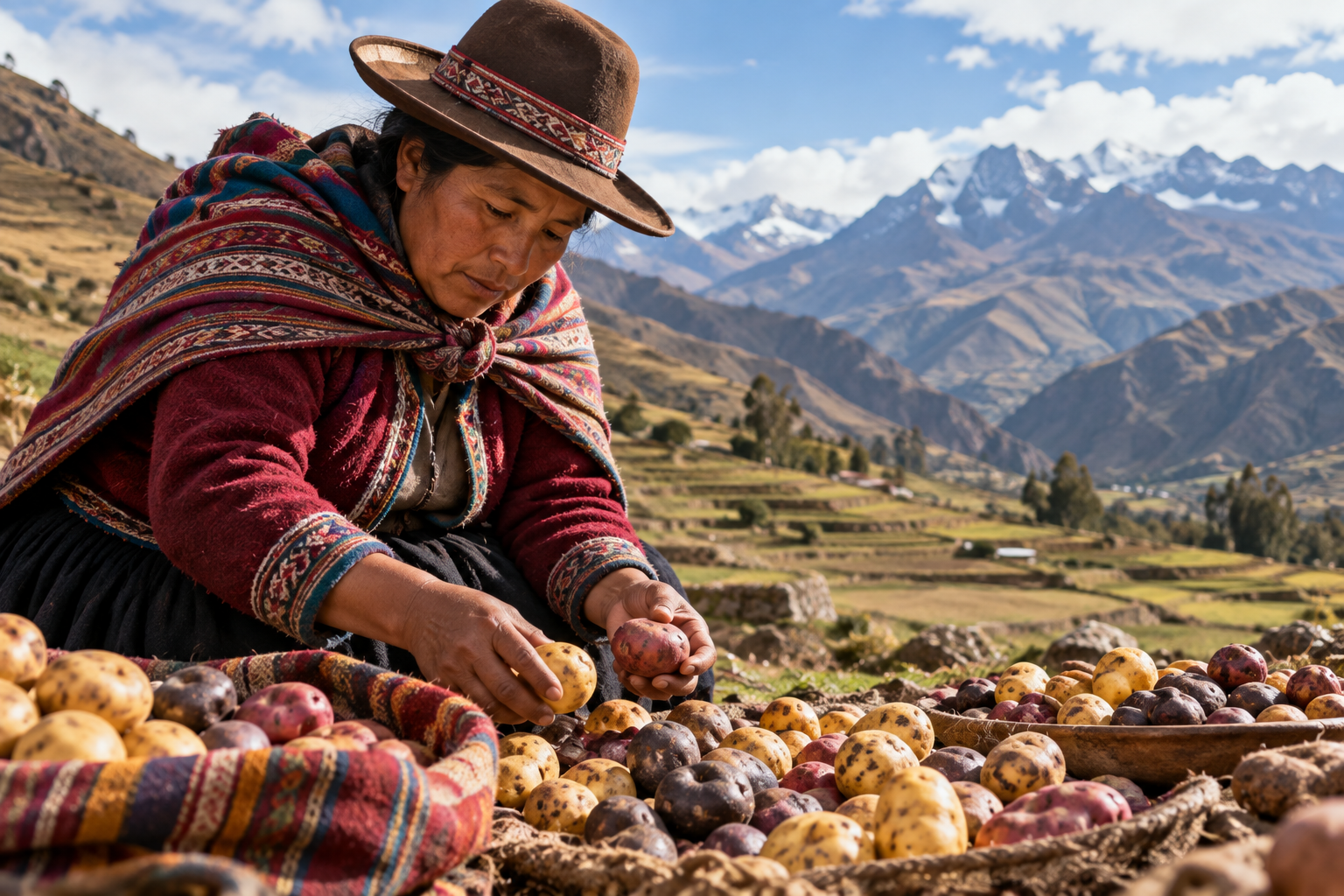 Andean farmer sorting native potato varieties in the highlands of Peru.