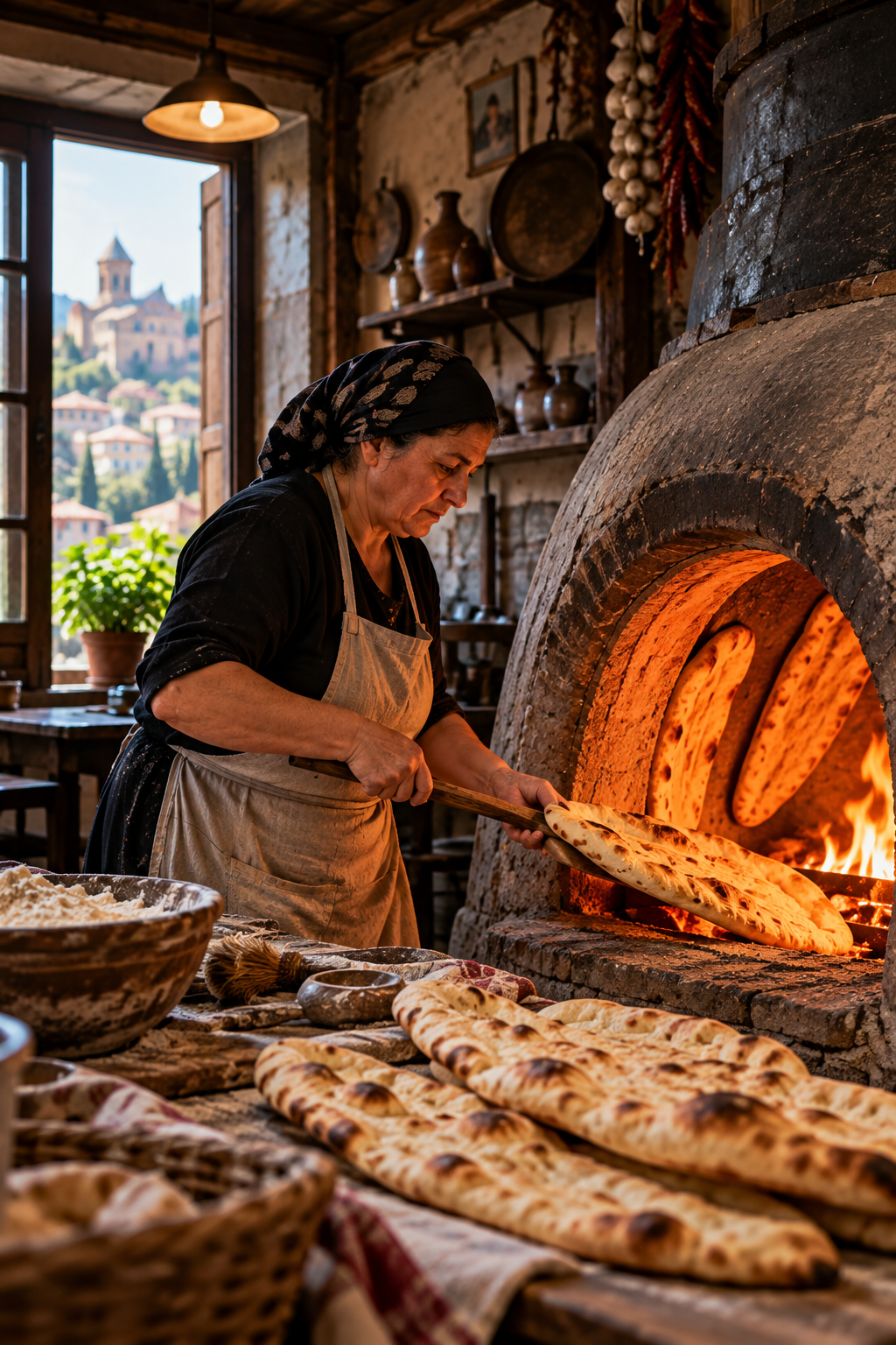 Traditional baker preparing fresh bread beside a wood-fired oven in Tbilisi, Georgia.