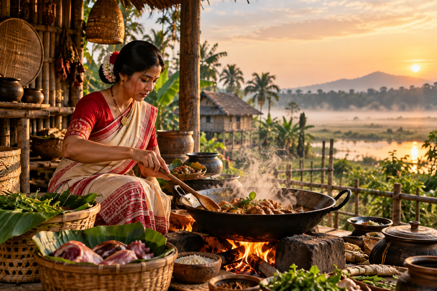 Assamese woman cooking a traditional duck curry over a wood fire in a rural Assam village.