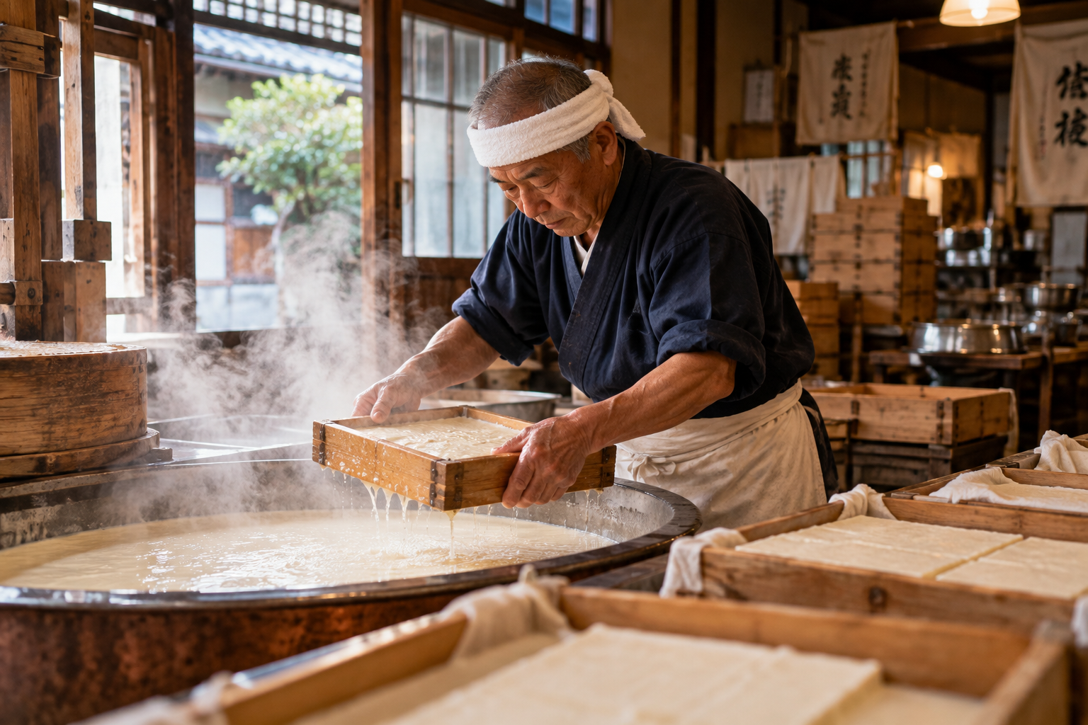 A traditional tofu maker working with fresh tofu in a Kyoto workshop, Japan.