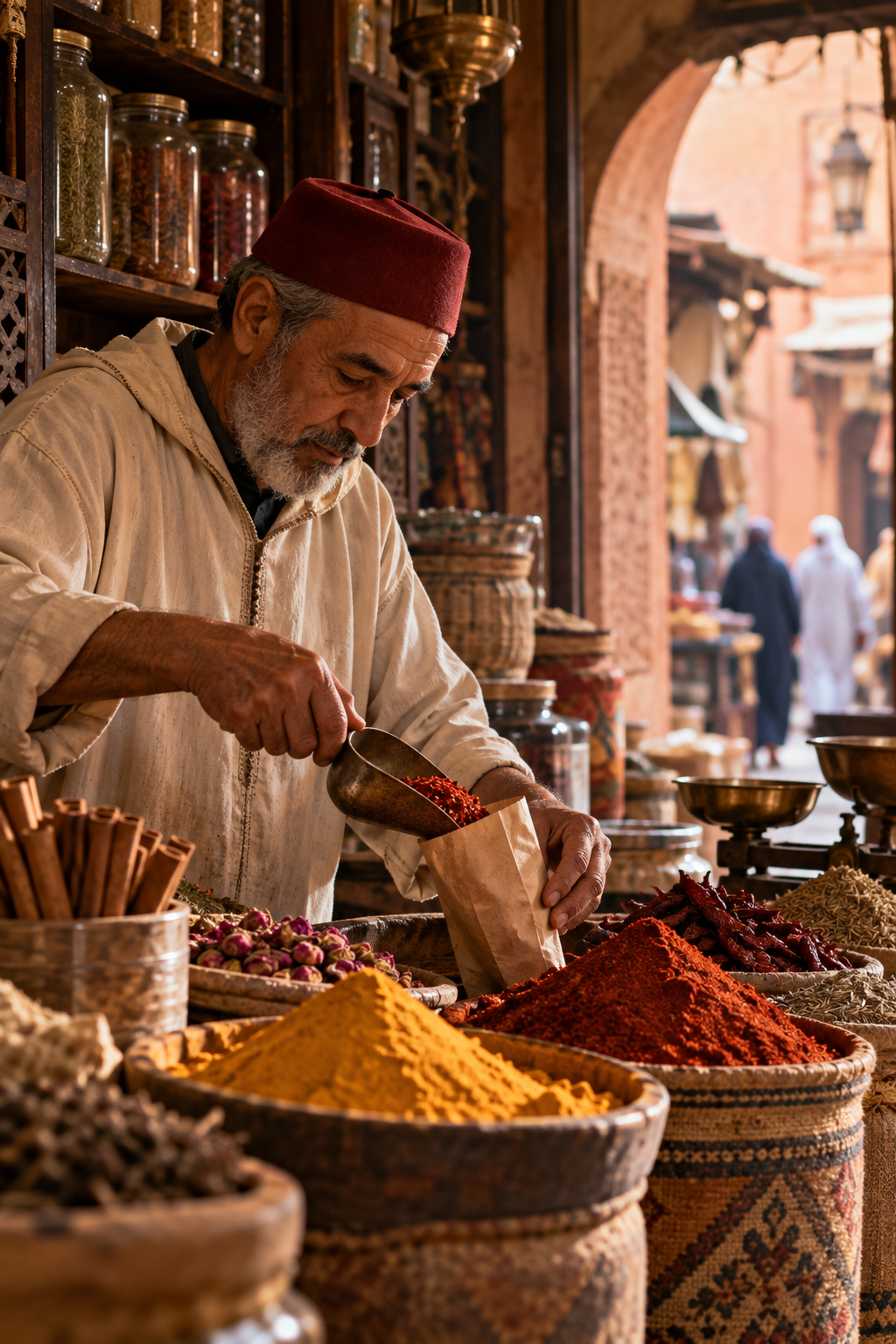 Moroccan spice merchant measuring spices in a traditional Marrakech souk.