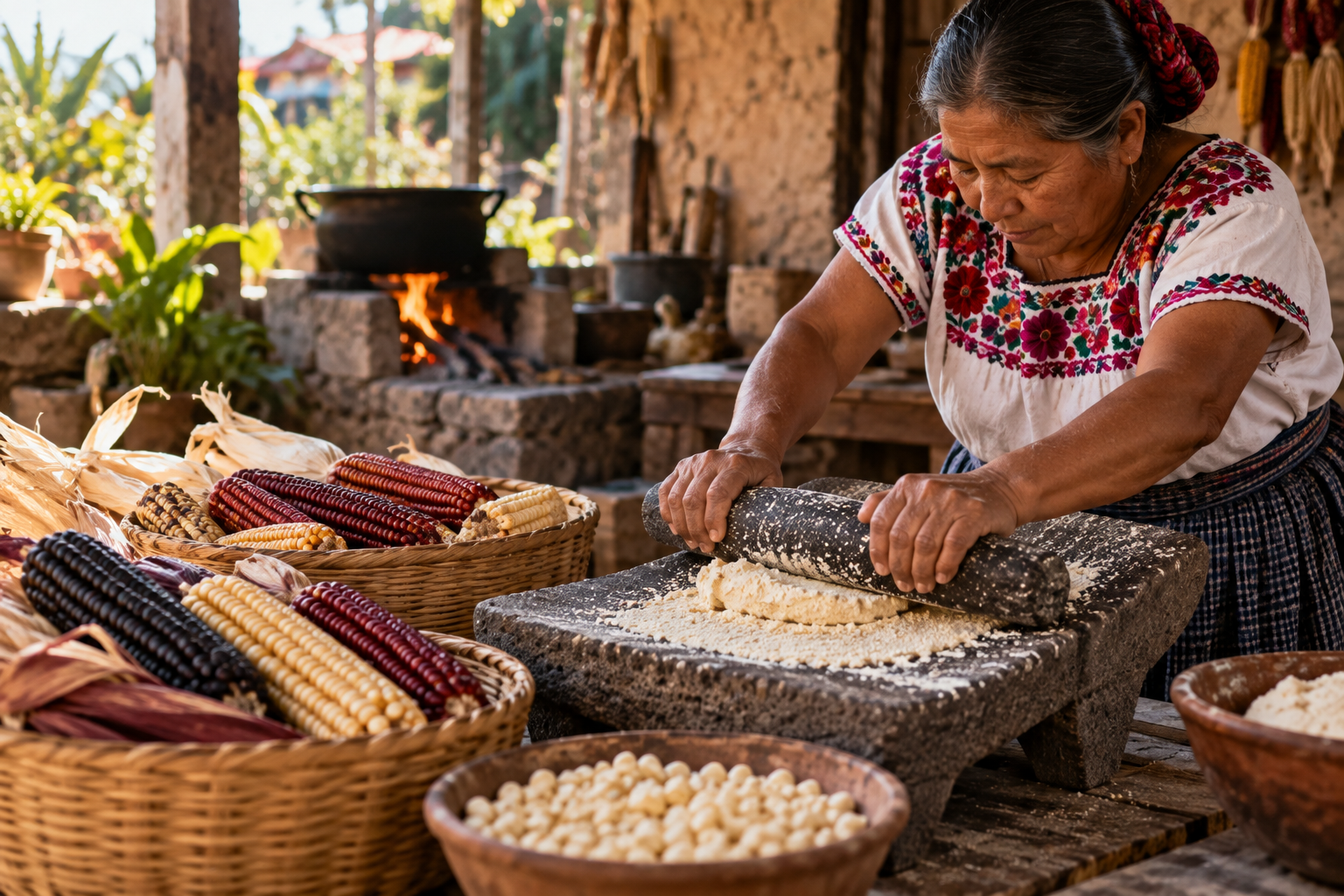 A woman grinding maize on a traditional stone metate beside baskets of native corn in Mexico.