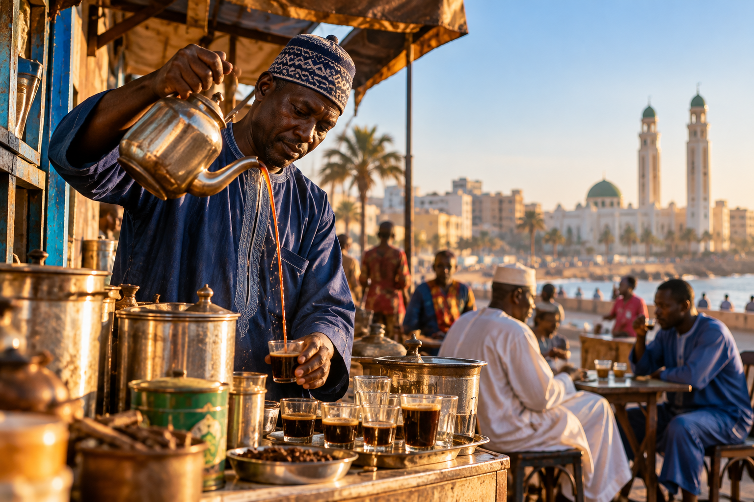 Senegalese coffee seller pouring Café Touba at a street stall in Dakar.