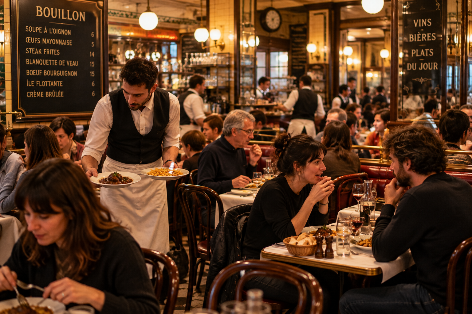 A waiter serving diners inside a busy traditional Parisian bouillon with closely packed tables and a lively evening atmosphere.