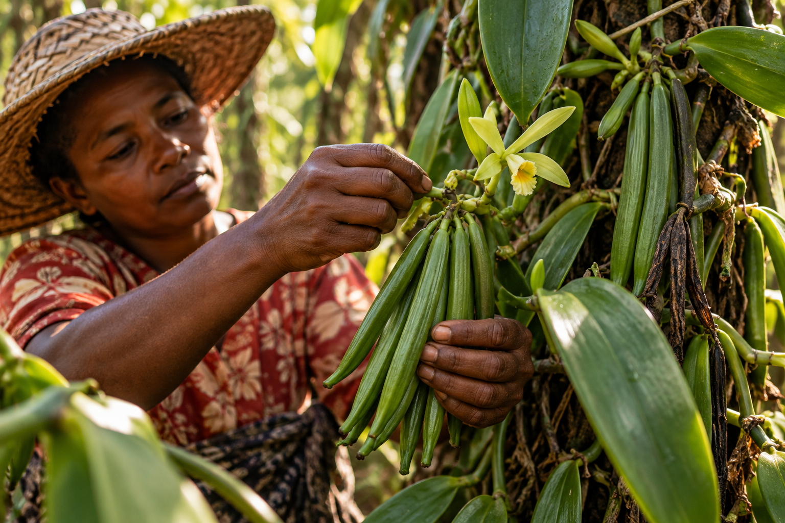 A vanilla grower tending green vanilla pods and orchid blossoms on a vine in Madagascar.