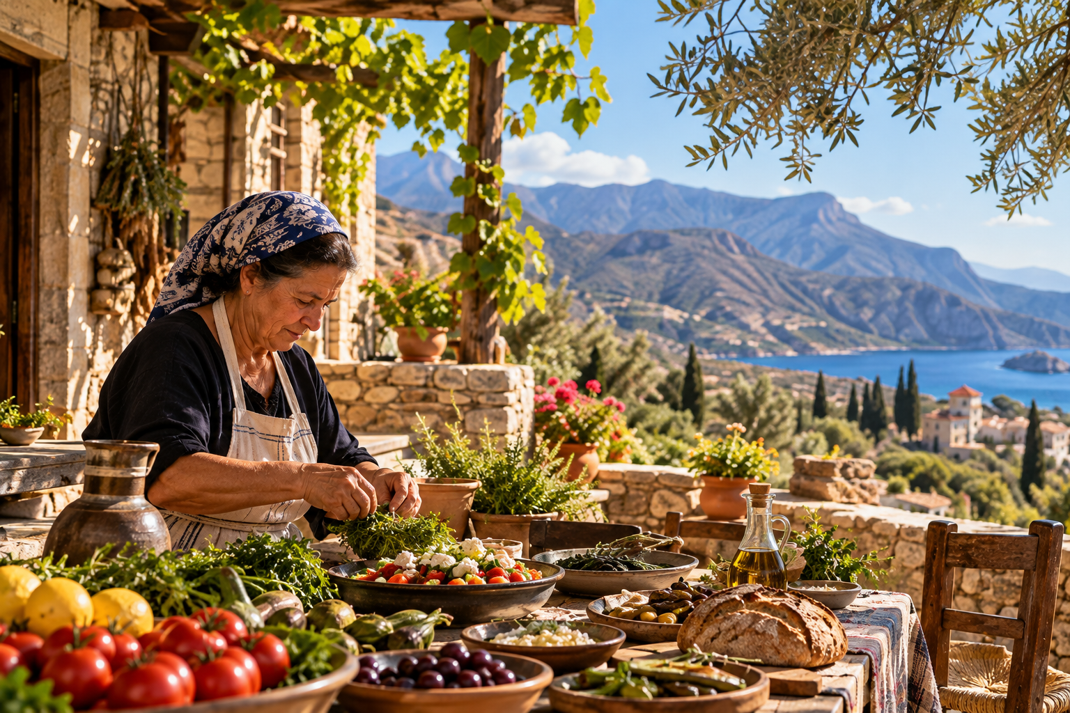 A woman prepares a traditional meal on a stone terrace overlooking the mountains and Mediterranean coast of Crete.
