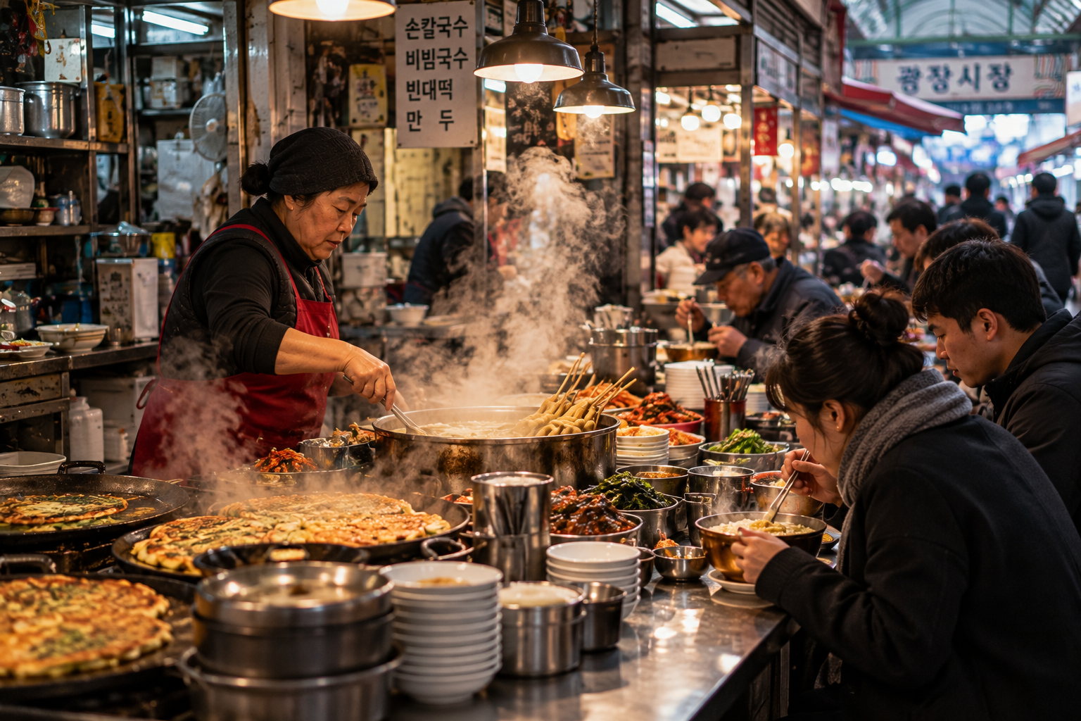 A vendor preparing breakfast as diners eat noodles and pancakes at a busy traditional market in Seoul.
